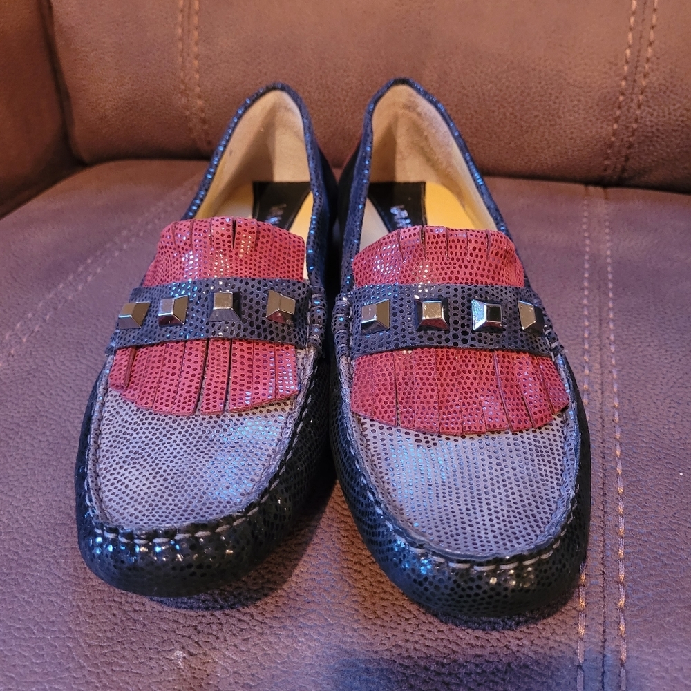 Vaneli Red and Navy Metallic Studded Moccasins